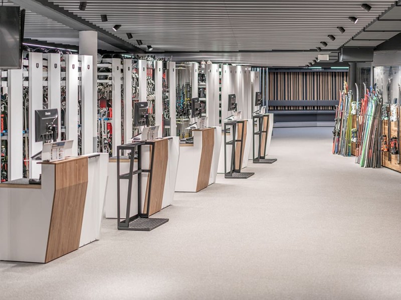 retail store for ski and snowboard sales and rental - ski storage racks and check in desks