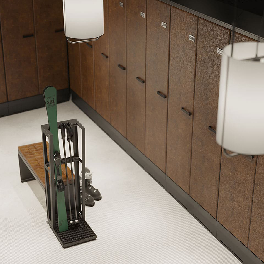 ski resort locker room with ski lockers and ski storage racks