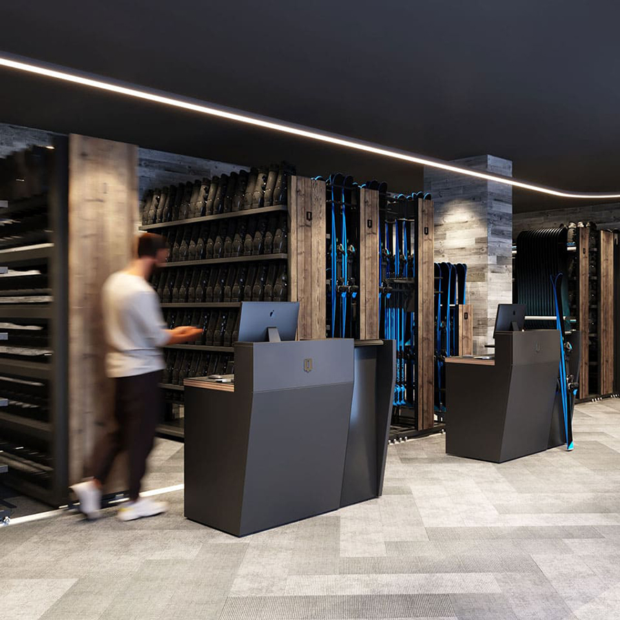 ski resort retail supply boot and ski and snowboard racks with check in desks