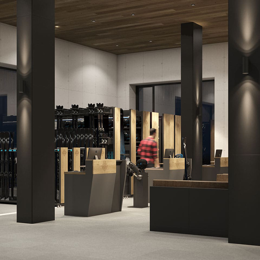 ski rental with ski storage racks and check in desks