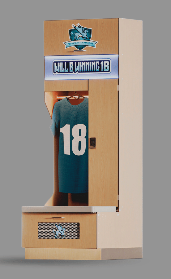 baseball locker with three storage compartments, clothes rack, and seat pad