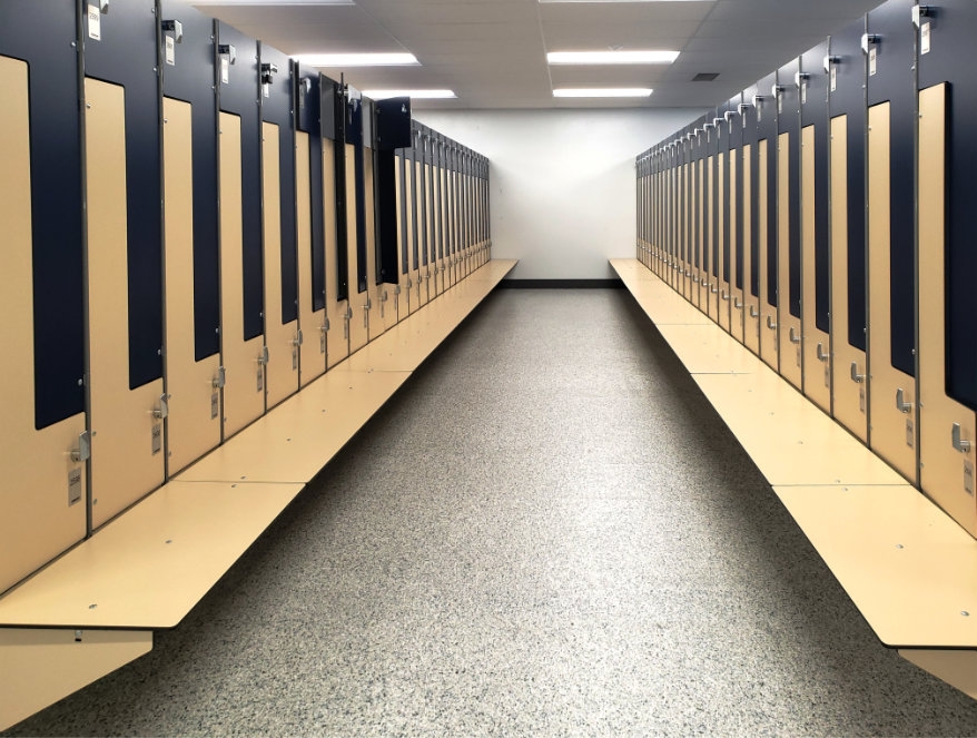 government locker room lockers- Z style two tier with integrated bench seating