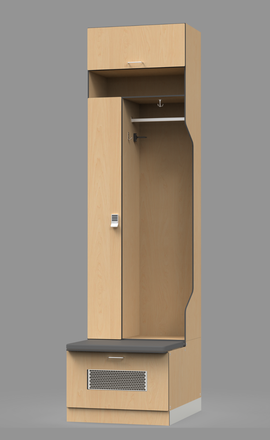 baseball locker with three storage compartments, clothes rack, and seat pad